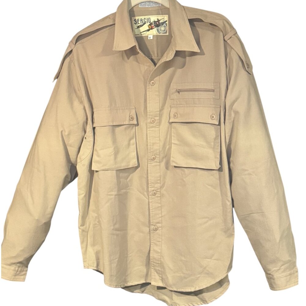 Y2K MENS GORPCORE BUTTON DOWN LONG SLEEVE UTILITY SHIRT EPAULETTES KHAKI TAN